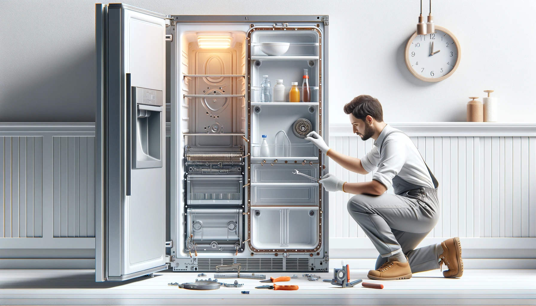 Fix Masters technician repairing refrigerator in South Florida kitchen